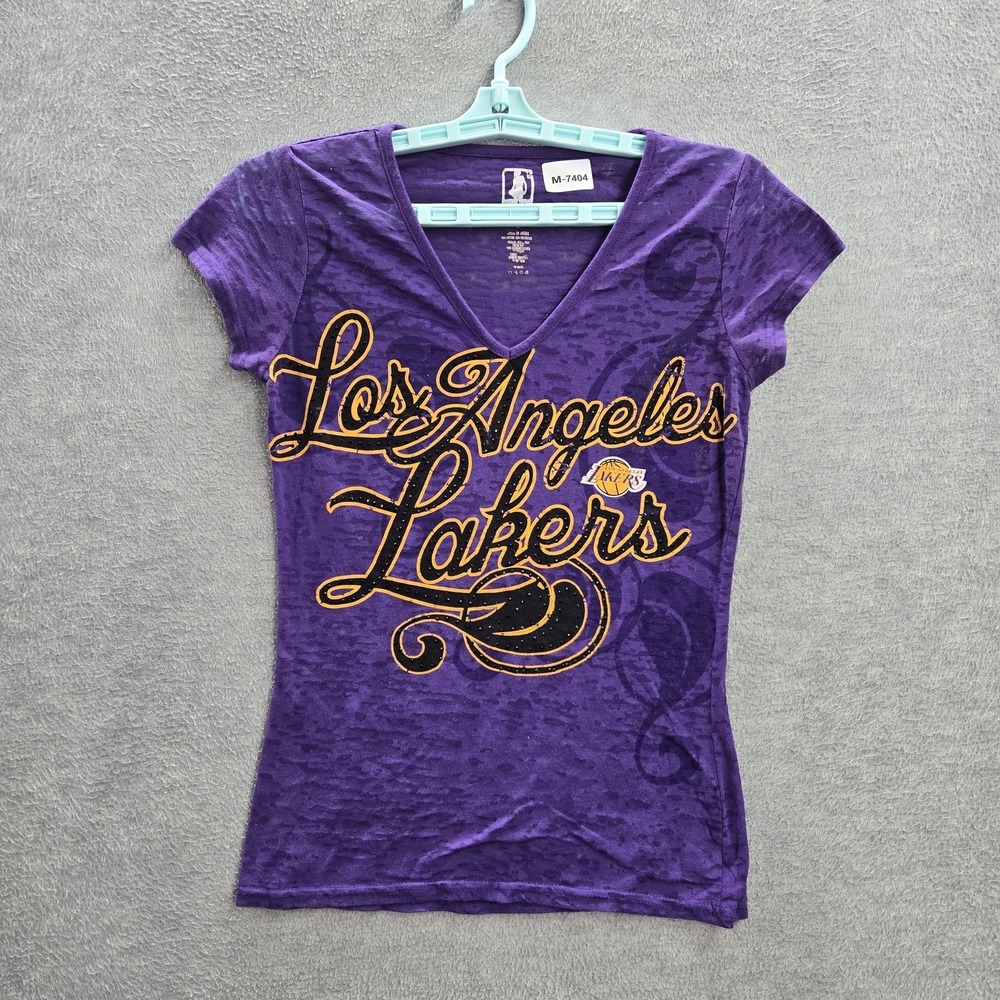 Los Angeles Lakers Women Shirt M Purple Burnout Studded‎ Sheer Graphic Print Tee
